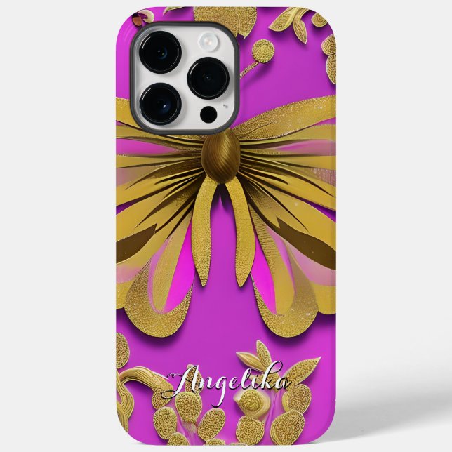 Girly Hot Pink Gold Butterfly Personalized Name Case-Mate iPhone Case (Back)