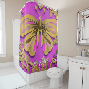 Girly Hot Pink Gold Butterfly Personalized Name Shower Curtain