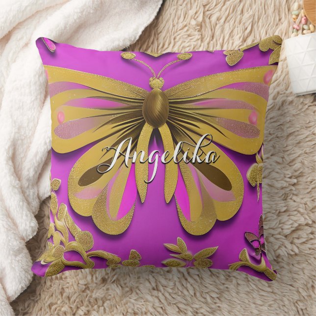 Girly Hot Pink Gold Butterfly Personalized Name Throw Pillow (Blanket)