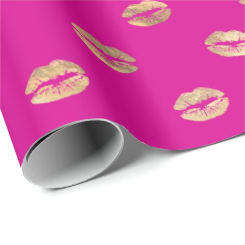 Girly Hot Pink Gold Kiss Lips Pattern  Wrapping Paper