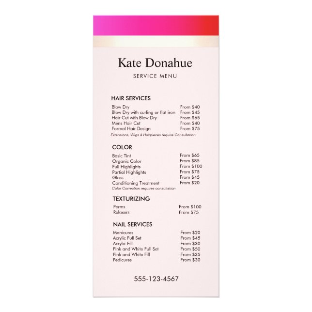 Girly Hot Pink Gold Stripe Salon Price List Menu (Front)