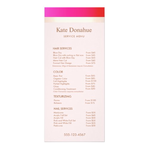 Girly Hot Pink Gold Stripe Salon Price List Menu