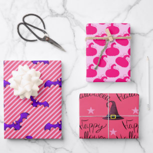 Girly Hot Pink Happy Halloween Mixed Pattern Gift Wrapping Paper Sheets