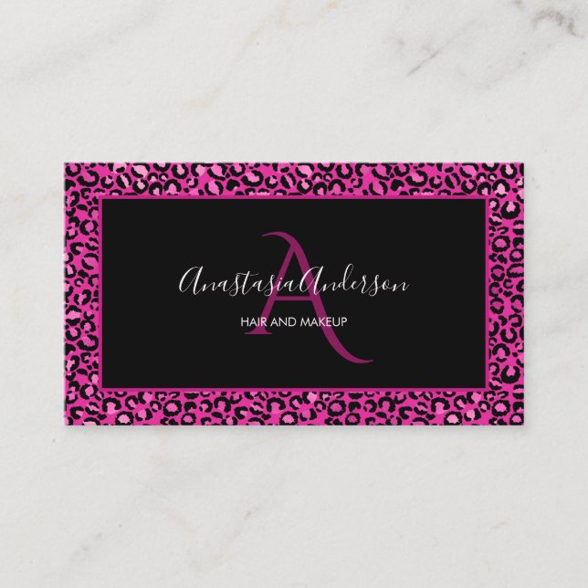 Girly Hot Pink Leopard Spots Chic Black Monogram Business Card (Front)