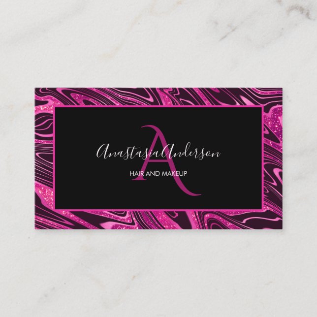 Girly Hot Pink Marble Glitter Fun Elegant Monogram Business Card (Front)