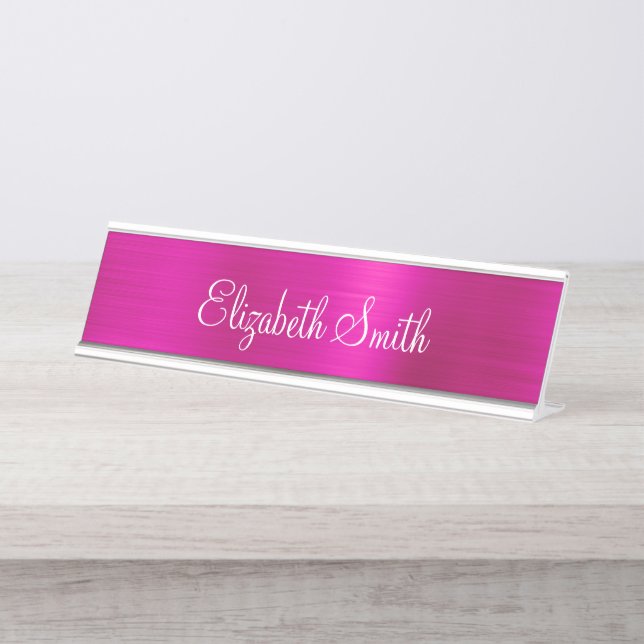Girly Hot Pink Metallic Desk Name Plate (Front)