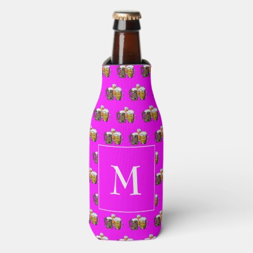 Girly Hot Pink Monogram Beer Bottle Cooler