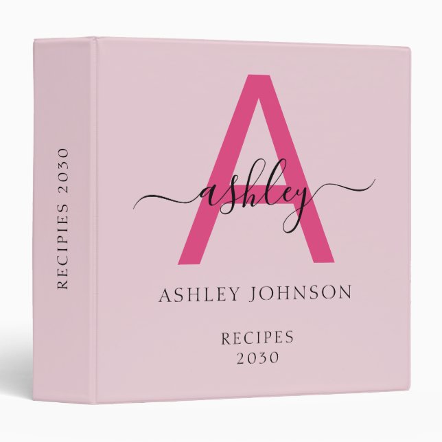 Girly Hot Pink Monogram Recipe Book 3 Ring Binder (Front/Spine)