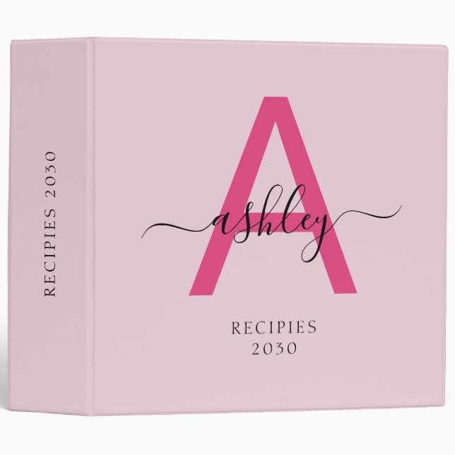 Girly Hot Pink Monogram Recipe Book 3 Ring Binder (Front/Spine)