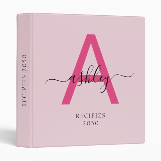 Girly Hot Pink Monogram Recipe Book 3 Ring Binder (Front/Spine)