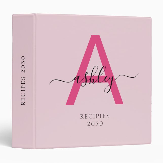 Girly Hot Pink Monogram Recipe Book 3 Ring Binder (Front/Spine)
