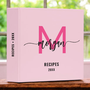 Girly Hot Pink Monogram Recipe Book 3 Ring Binder
