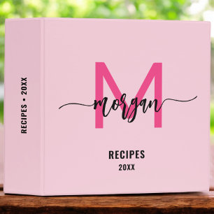 Girly Hot Pink Monogram Recipe Book 3 Ring Binder
