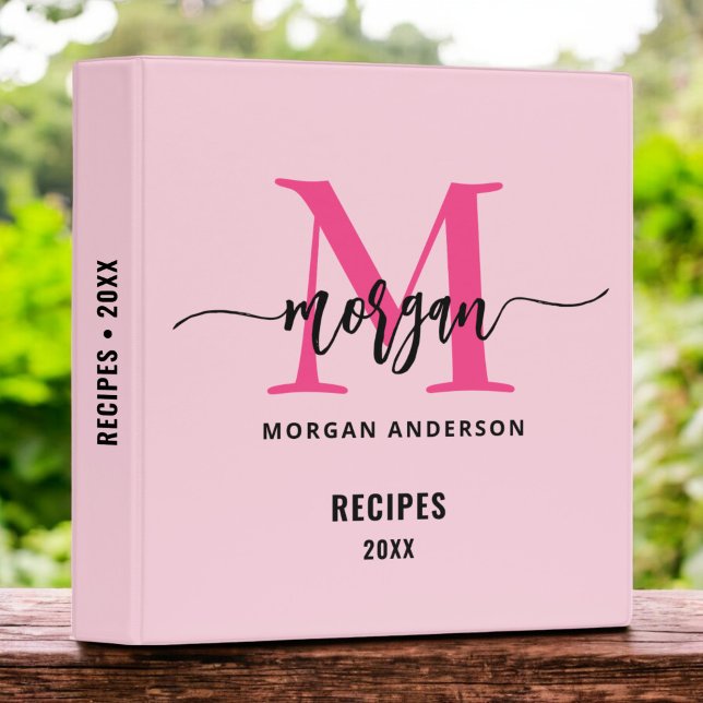 Girly Hot Pink Monogram Recipe Book 3 Ring Binder (Creator Uploaded)