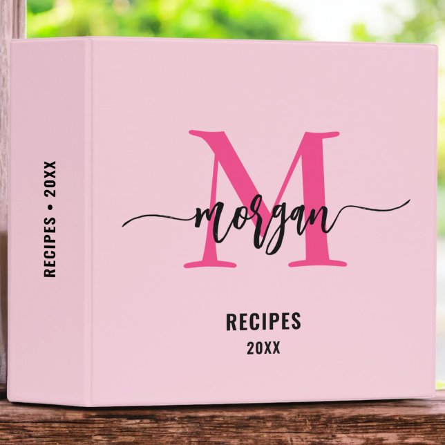 Girly Hot Pink Monogram Recipe Book 3 Ring Binder (Creator Uploaded)