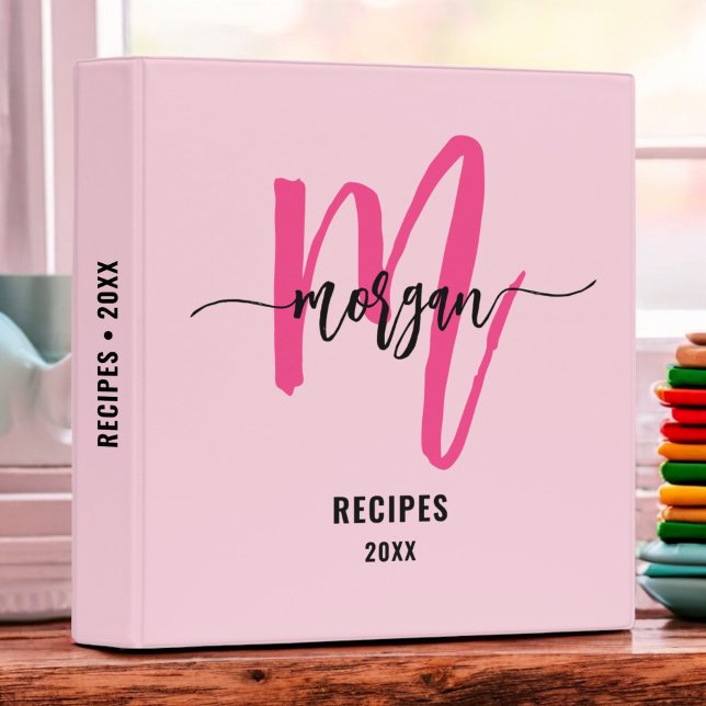 Girly Hot Pink Monogram Recipe Book 3 Ring Binder (Creator Uploaded)