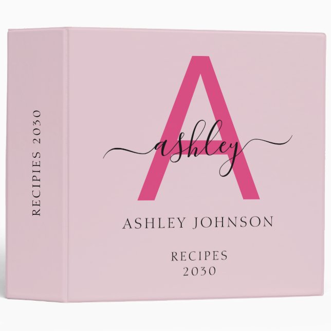 Girly Hot Pink Monogram Recipe Book 3 Ring Binder (Front/Spine)