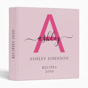 Girly Hot Pink Monogram Recipe Book 3 Ring Binder