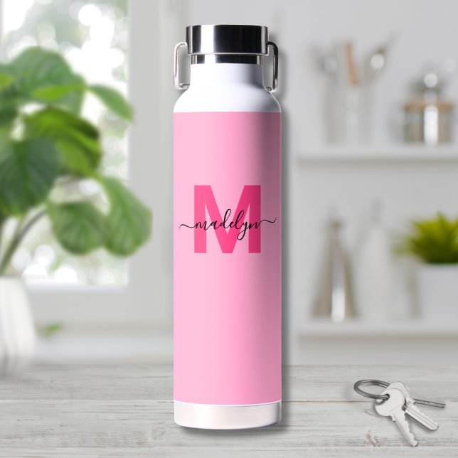 Girly Hot Pink Name Monogram Water Bottle (Girly Hot Pink Initial Script Name Monogram Water Bottle)