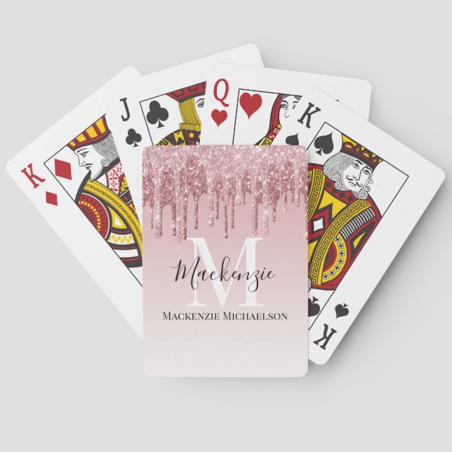 Girly Hot Pink Ombre Glitter Monogram Name  Poker Cards (Back)