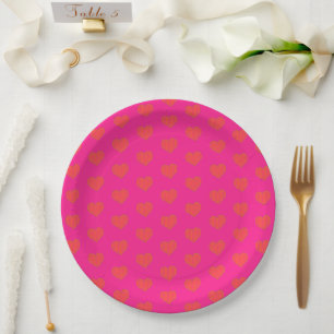 Girly Hot Pink & Orange Heart Pattern Paper Plates