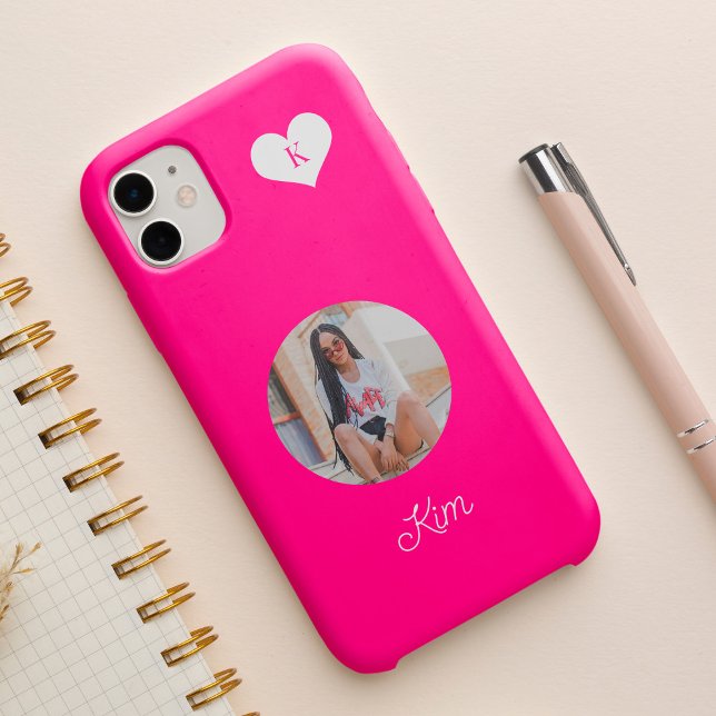 Girly hot pink photo and name personalized modern  Case-Mate iPhone case (Creator Uploaded)
