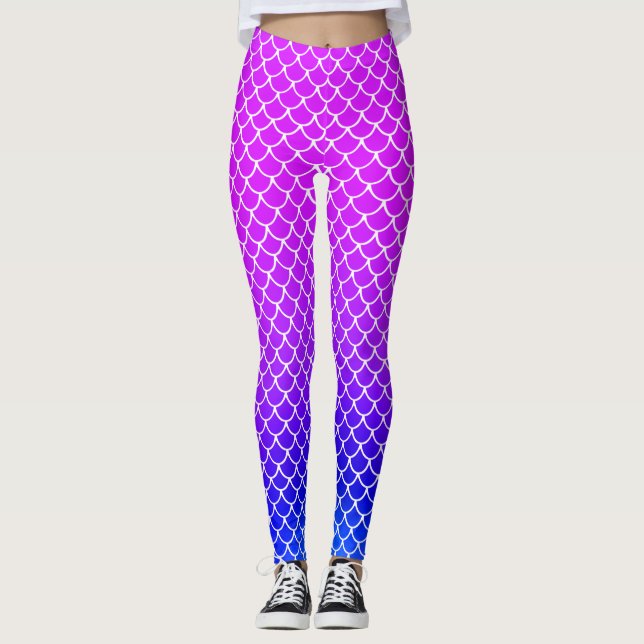 Girly Hot Pink Purple Gradient Mermaid Scales Pool Leggings (Front)