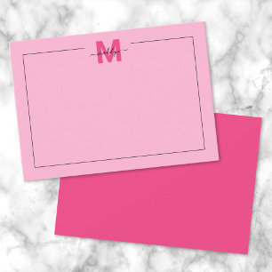 Girly Hot Pink Script Name Monogram Note Card