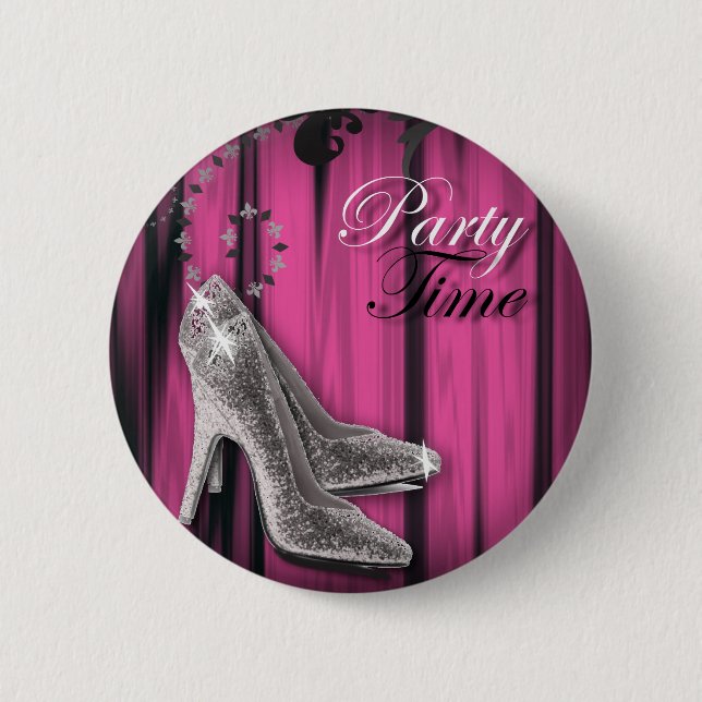 girly Hot Pink silver stilettos birthday party Button (Front)