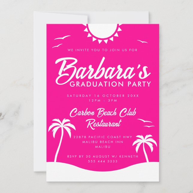 Girly Hot Pink Summer Beach Graduation Party Invitation (Front)