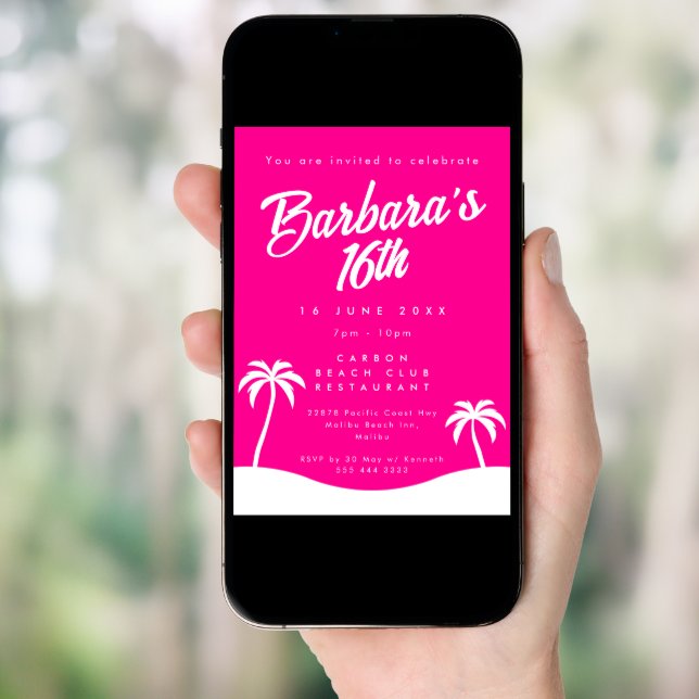 Girly Hot Pink Summer Beach Sweet 16 Invitation (Front Digital)