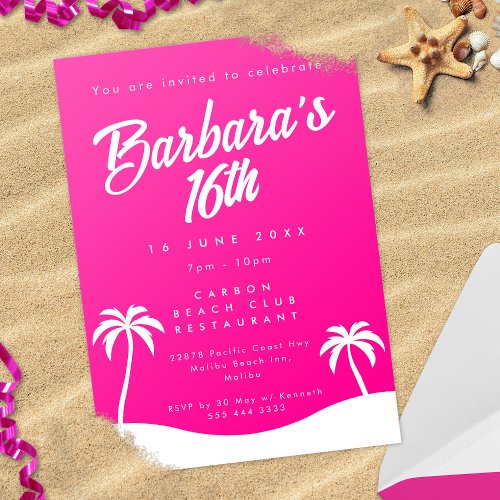 Girly Hot Pink Summer Beach Sweet 16 Invitation