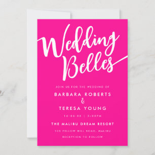 Girly Hot Pink White Bells Funny Lesbian Wedding Invitation