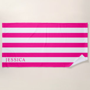 Girly Hot Pink White Cabana Strip Personalized Beach Towel