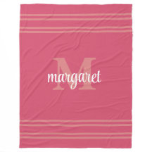 Girly hot pink  white monogram name Fleece Blanket