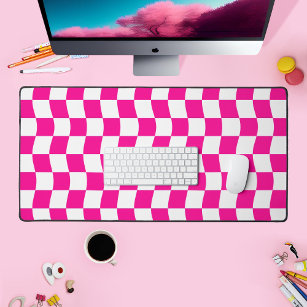 Girly Hot Pink White Wavy Checkerboard Pattern Desk Mat