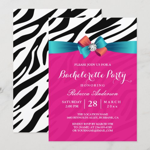 Girly Hot Pink Zebra Print Bachelorette Party Card
