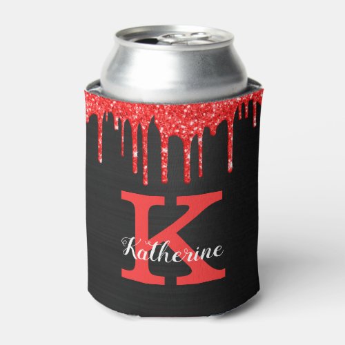 Girly Hot Red Black Glitter Drips Monogram Name Can Cooler