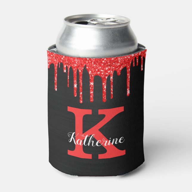 Girly Hot Red Black Glitter Drips Monogram Name Can Cooler (Can Front)