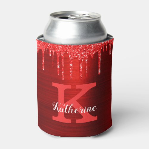 Girly Hot Ruby Red Glitter Drips Monogram Name Can Cooler