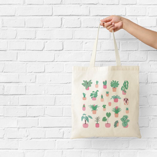 Girly Houseplants Pink and Green Illustration Tote Bag (Creator Uploaded)