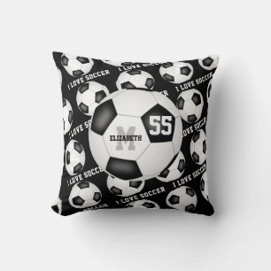 girly I love soccer text black white Throw Pillow