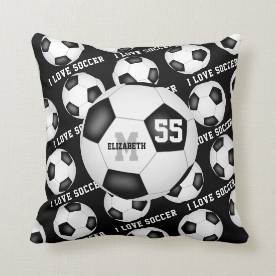 I love soccer text black white Throw Pillow