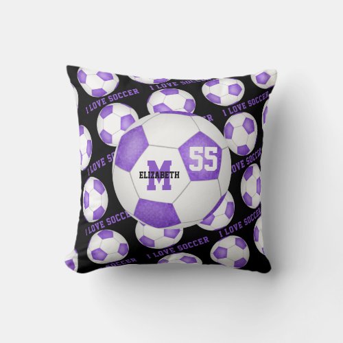 girly I love soccer text lilac purple white black Throw Pillow
