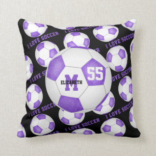 girly I love soccer text lilac purple white black Throw Pillow