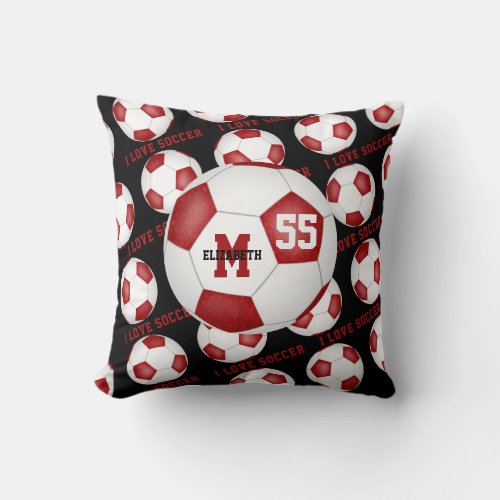 girly I love soccer text red white black Throw Pillow