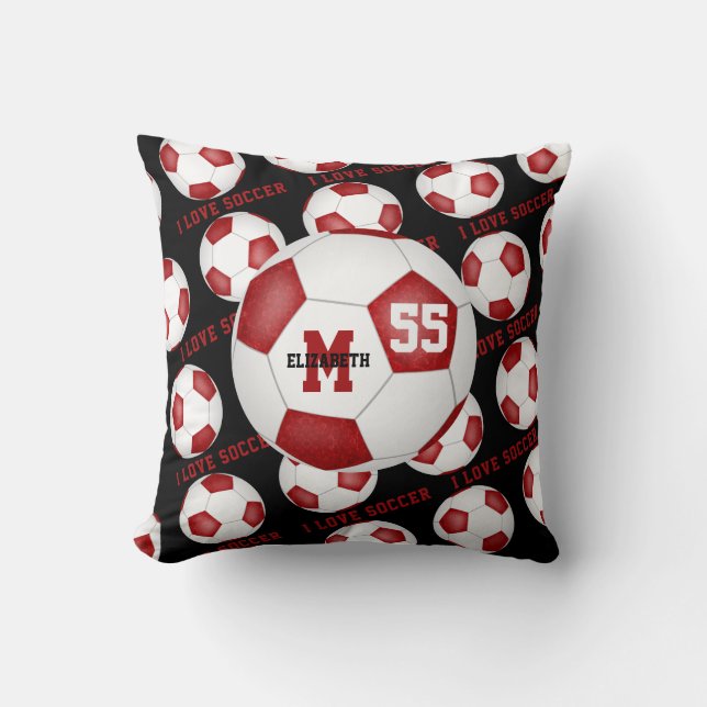 girly I love soccer text red white black Throw Pillow (Front)