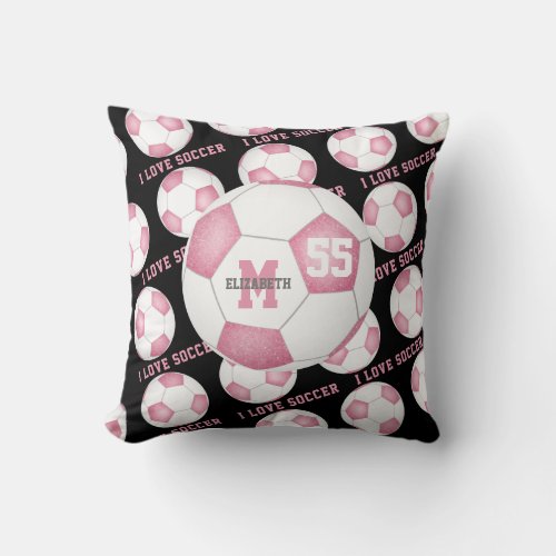 girly I love soccer text rose pink white black Throw Pillow