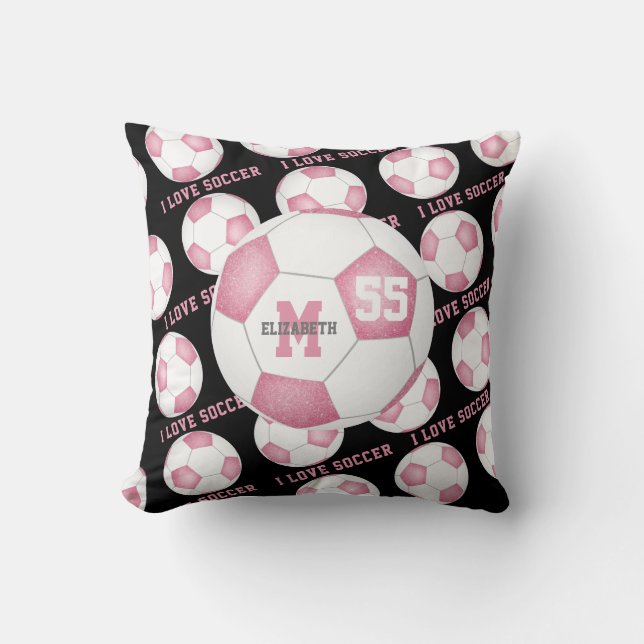 girly I love soccer text rose pink white black Throw Pillow (Front)