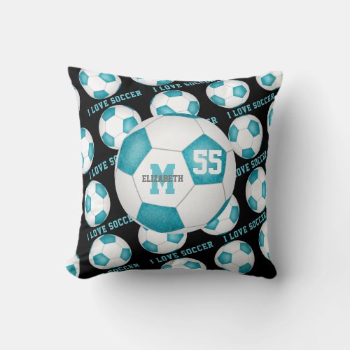 girly I love soccer text turquoise blue white Throw Pillow